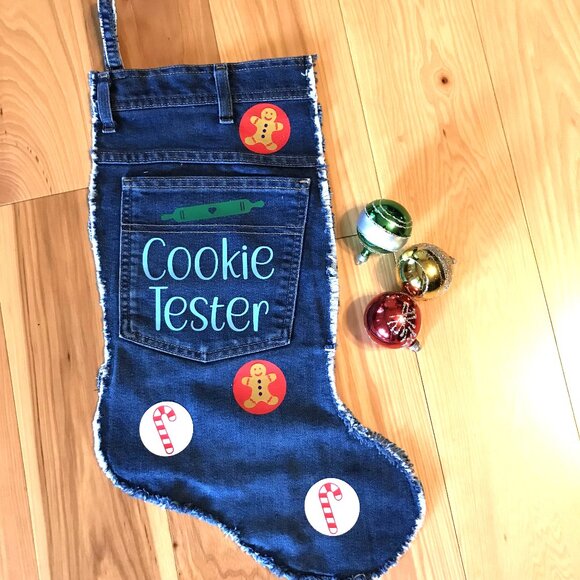Handmade Denim Christmas Stocking w/Pocket: Cookie Tester Graphic, Size L - Picture 2 of 9